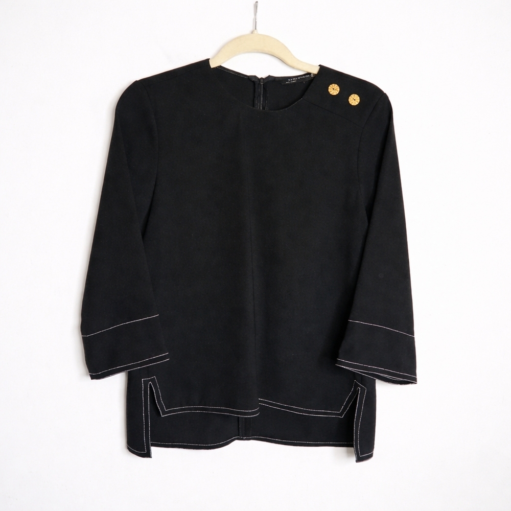 NWOT Zara High Low Tunic Black Contrast Stitch Wood Button Detail Top XS